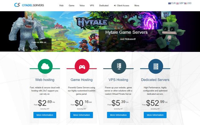 Screenshot of the Citadel Servers homepage