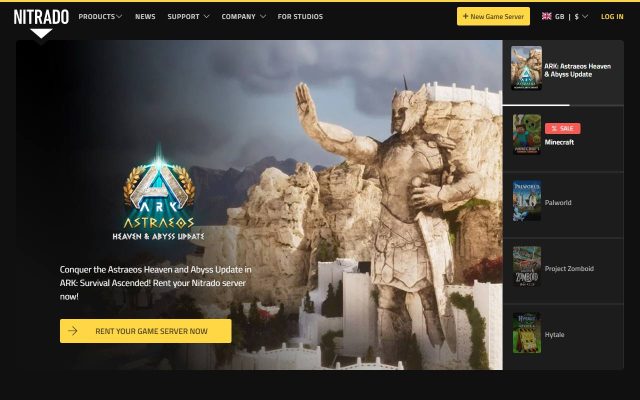 Screenshot of the Nitrado homepage