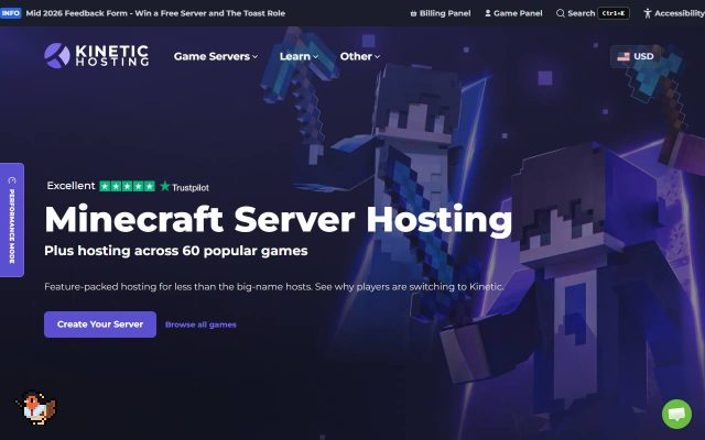 Screenshot of the Kinetic Hosting homepage