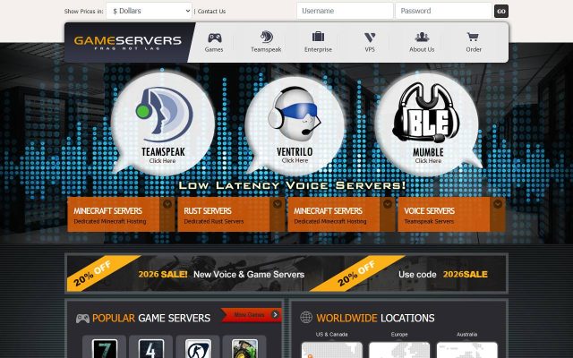 Screenshot of the GameServers.com homepage