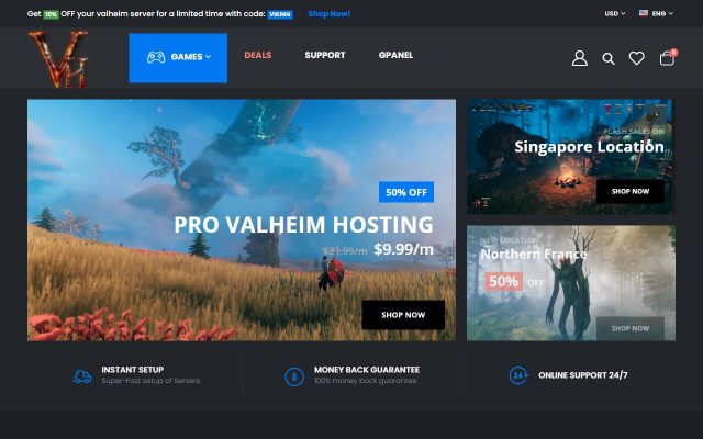 Screenshot of the Valheim Hosting homepage