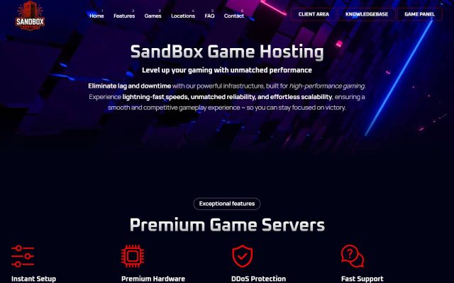 Screenshot of the Sandbox Hosting homepage