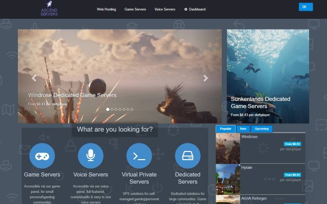 Screenshot of the Ascend Servers homepage