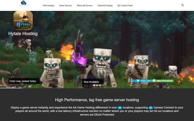 Screenshot of the AA Game Hosting homepage