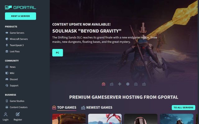 Screenshot of the GPORTAL homepage