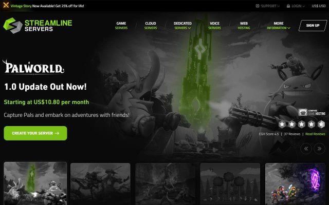 Screenshot of the Streamline Servers homepage
