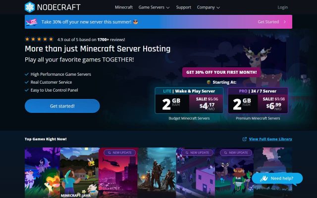 Screenshot of the Nodecraft homepage
